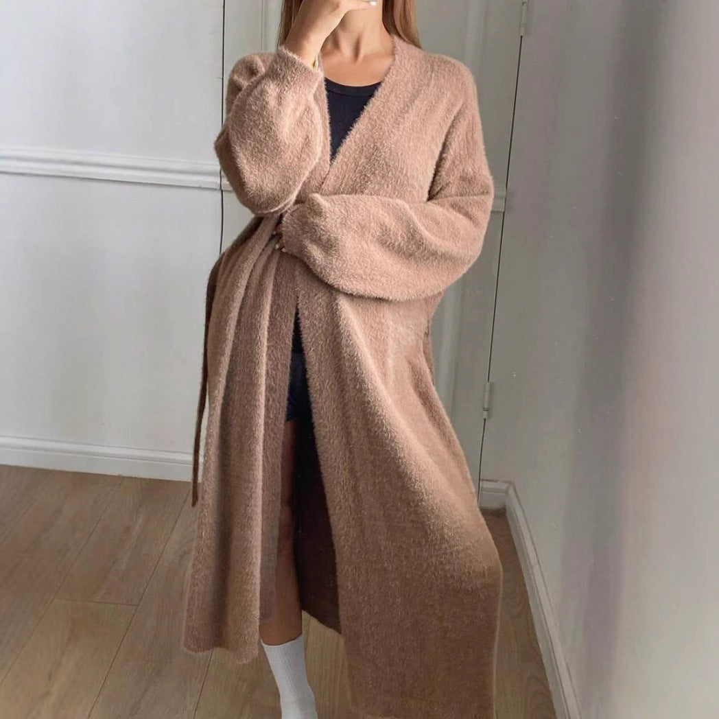 Damen Langer Wickel-Cardigan in Flausch-Optik mit Bindegürtel – Veloura