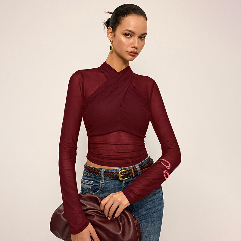 Damen Elegantes Wickeloberteil mit transparentem Stoff und langen Ärmeln Echo Archiv