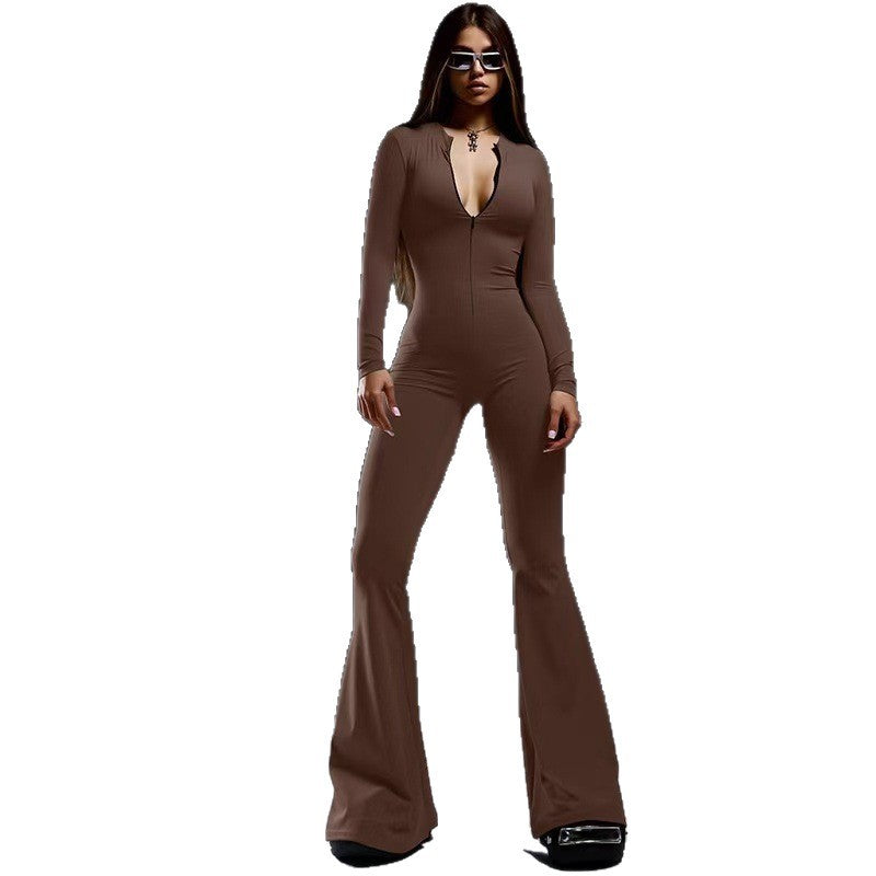 Damen Figurbetonter Jumpsuit mit tiefem V-Ausschnitt und ausgestellten Beinen Echo Archiv