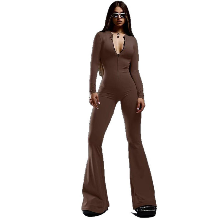 Damen Figurbetonter Jumpsuit mit tiefem V-Ausschnitt und ausgestellten Beinen Echo Archiv