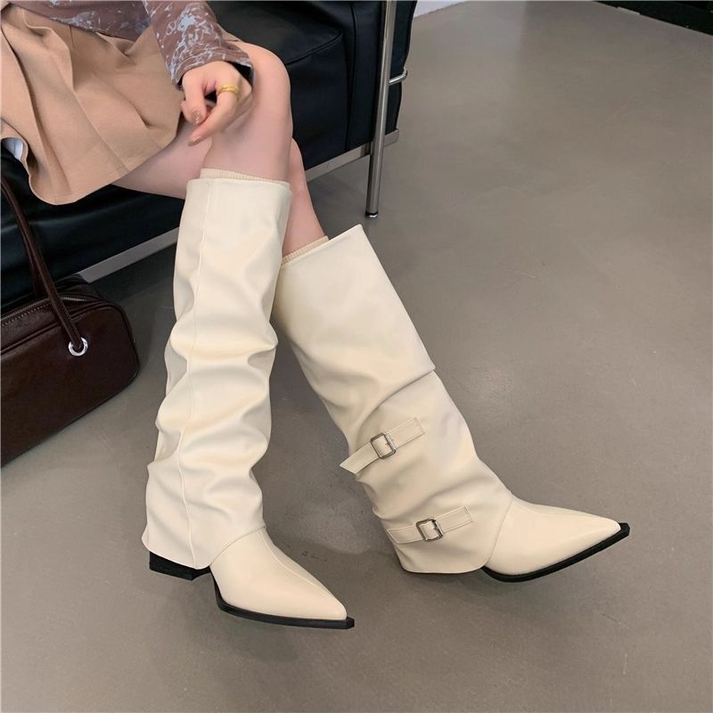 Damen Slouch-Kniehohe Stiefel mit spitzer Zehenform, dekorativen Schnallen und sculpted Blockabsatz – Lioré