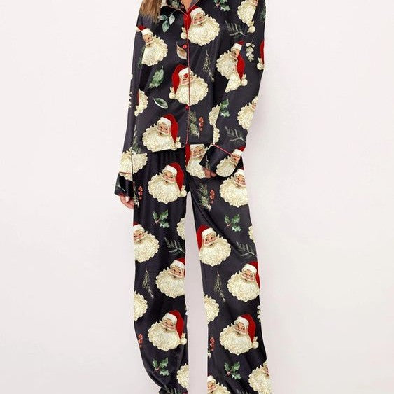 Damen Pyjama-Set mit festlichem Santa-Motiv und weichem Satin Echo Archiv