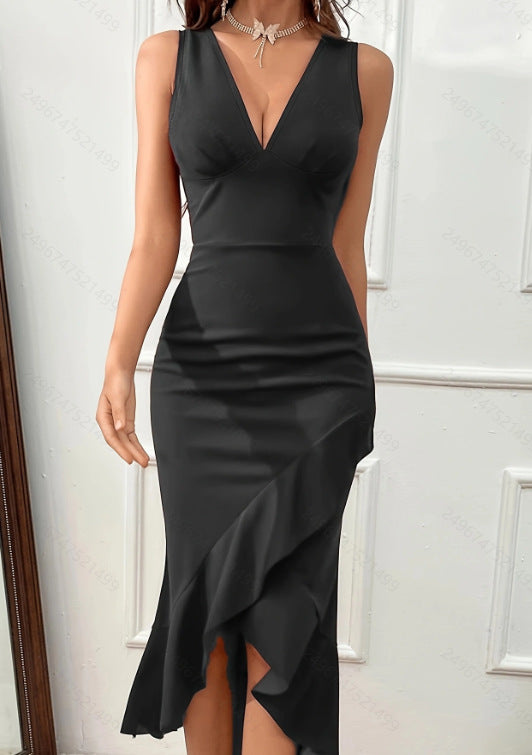 Damen Midikleid mit V-Ausschnitt und asymmetrischem Rüschensaum Echo Archiv