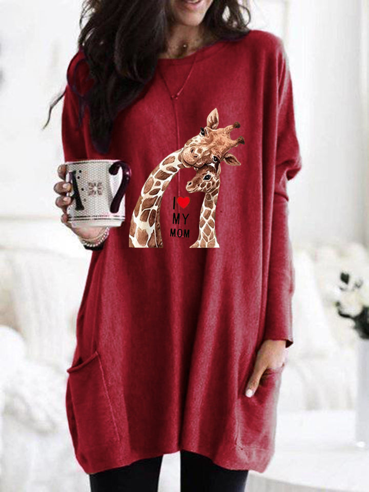 Frauen Übergroße Sweatkleid mit Giraffenmuster, Rundhalsausschnitt und Seitentaschen Echoarchiv