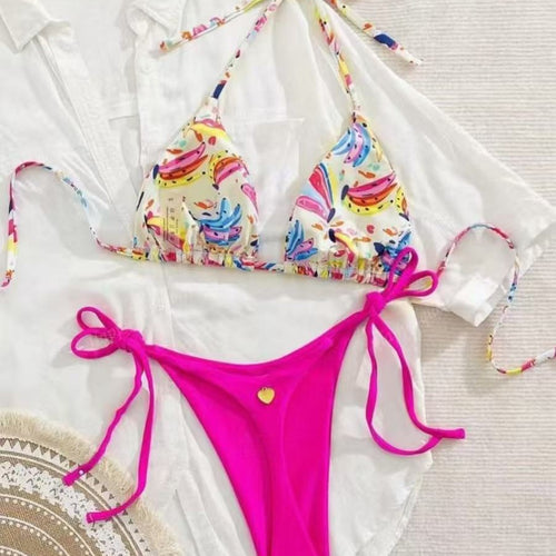 Damen Bikini-Set mit buntem Obstmuster und seitlichem Knoten Echo Archiv