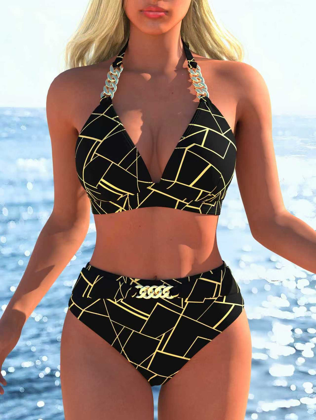 Damen Bikini mit luxuriösem Marmormuster und edlen Details Echoarchiv