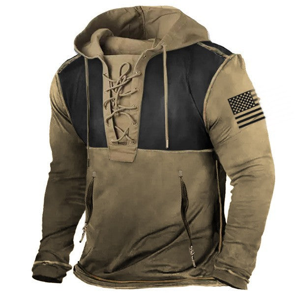 Herren Kapuzenpullover mit angesagtem Schnürdetail und amerikanischem Flaggenmotiv Echoarchiv