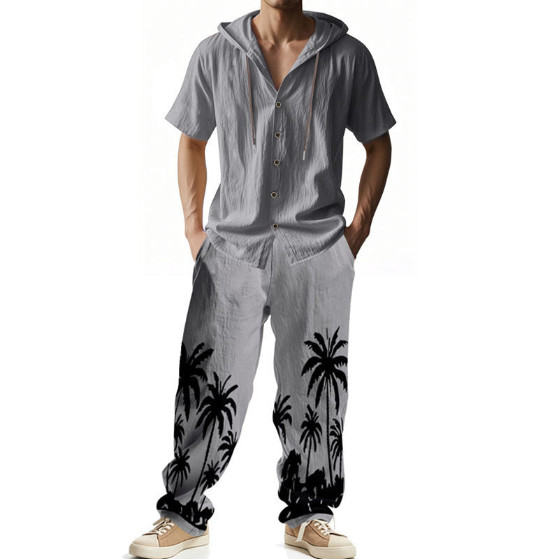 Herren lässiges Kurzarm-Hoodie- und Cargo-Hosen-Set mit Palmenmotiv Echoarchiv