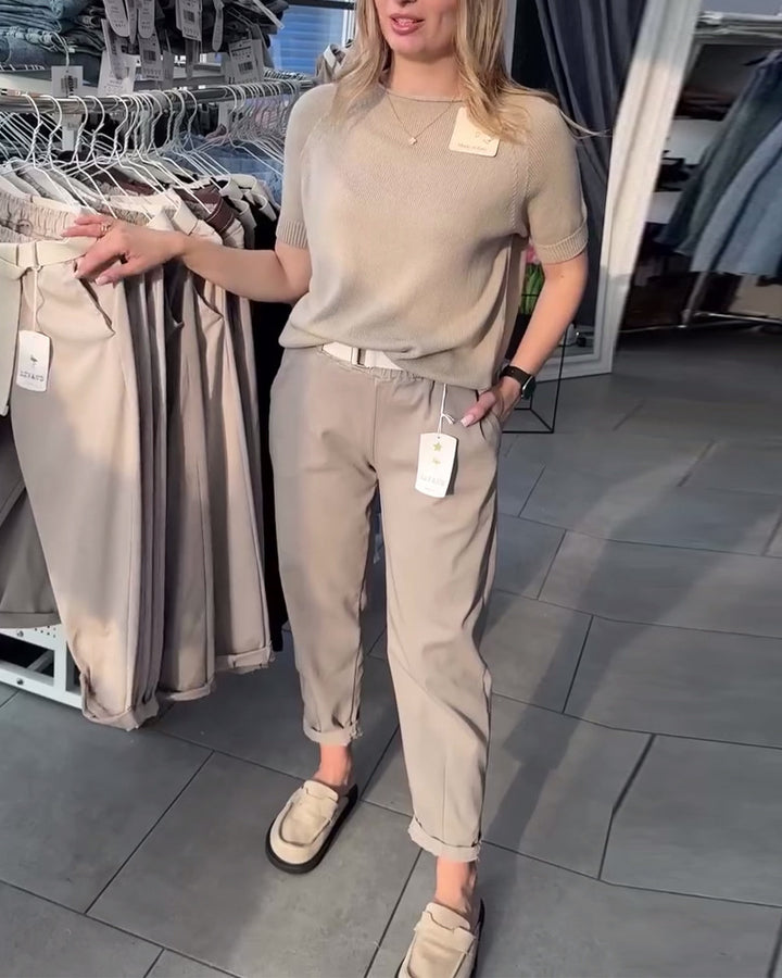Damen nan lässige Baumwoll-Chino mit elastischem Komfortbund, Umschlag und Ziergürtel Echo Archiv