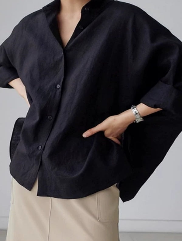 Damen Oversize-Leinenbluse mit geraffter Rückenpasse und krempelbaren Ärmeln – Élovi