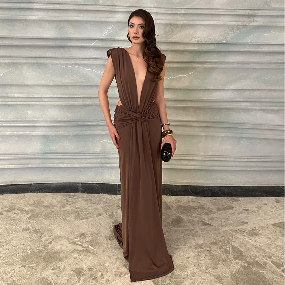 Damen elegantes Maxikleid mit tiefem V-Ausschnitt und drapiertem Bund Echo Archiv