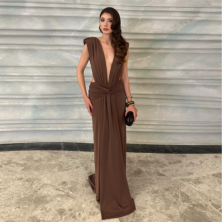 Damen elegantes Maxikleid mit tiefem V-Ausschnitt und drapiertem Bund Echo Archiv