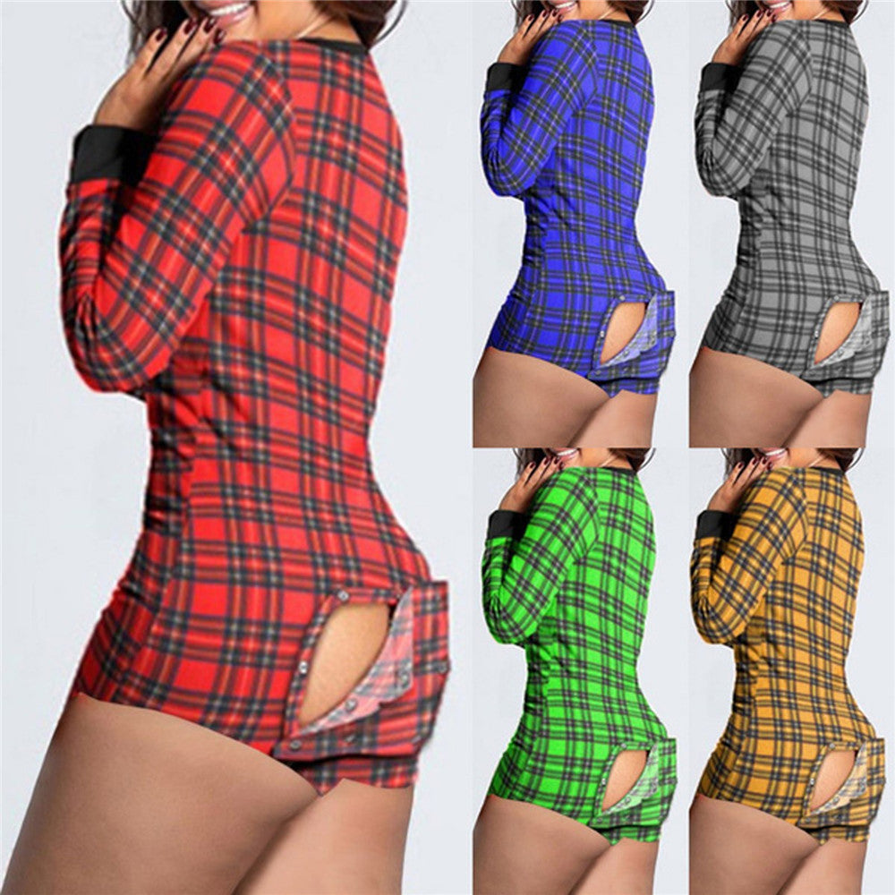 Damen Karierter Longsleeve-Body mit praktischer Rückenöffnung & Druckknopf-Slip – Bodéline