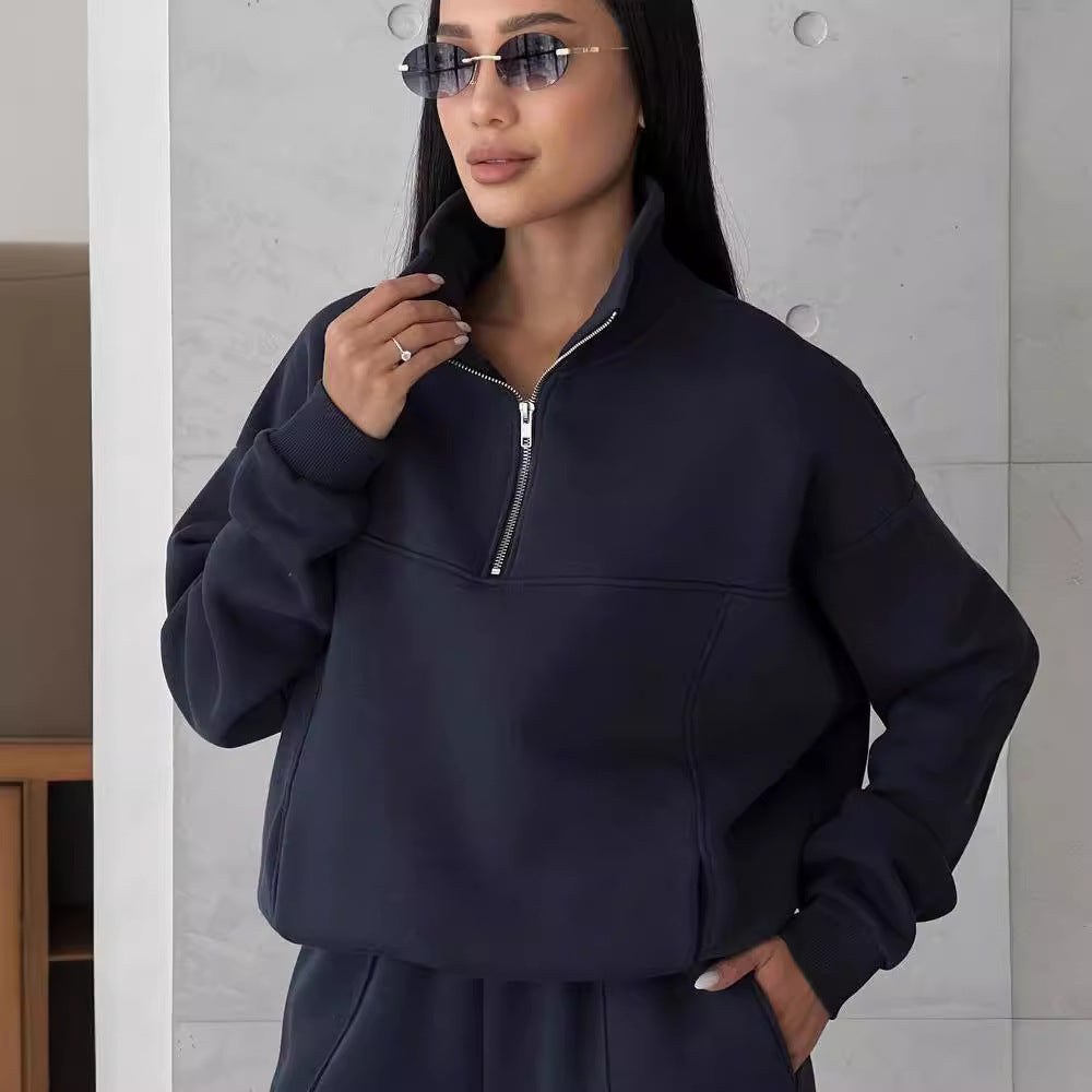 Damen Weiches Oversized Lounge-Set mit Troyer-Kragen, Eingrifftaschen und schmeichelhafter High-Waist Hose Echoarchiv