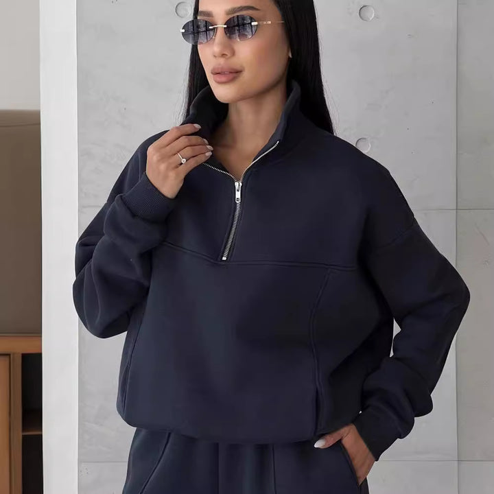 Damen Weiches Oversized Lounge-Set mit Troyer-Kragen, Eingrifftaschen und schmeichelhafter High-Waist Hose Echoarchiv