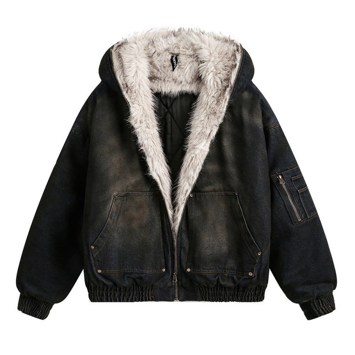 Herren Gefütterte Bomberjacke mit Teddyfutter, Kapuze und Used-Finish Echo Archiv