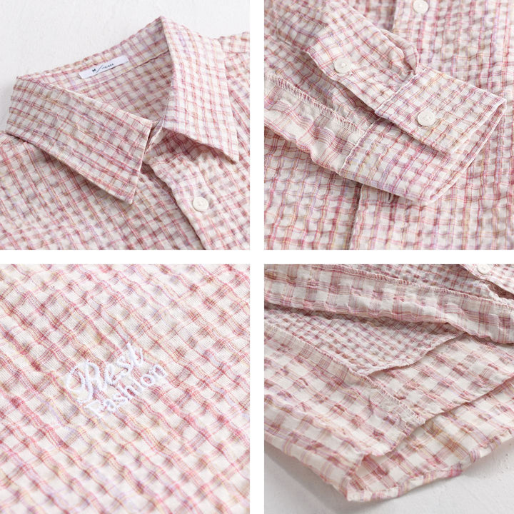 Damen Relaxed-Fit Crinkle-Hemdjacke mit feiner Gingham‑Webstruktur und dezenter Bruststickerei Echoarchiv