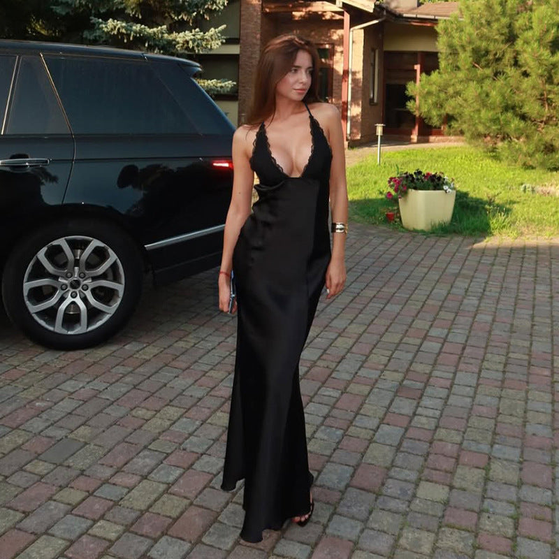 Damen elegantes langes Kleid mit verführerischem Spitzendetail und tiefem Ausschnitt Echo Archiv