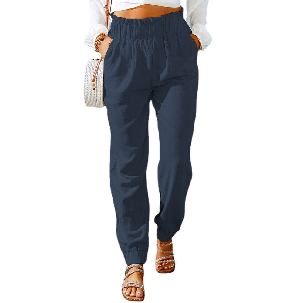 Damen Hochtaillierte Leinenoptik-Joggerhose mit elastischem Rüschbund und Eingrifftaschen Echoarchiv