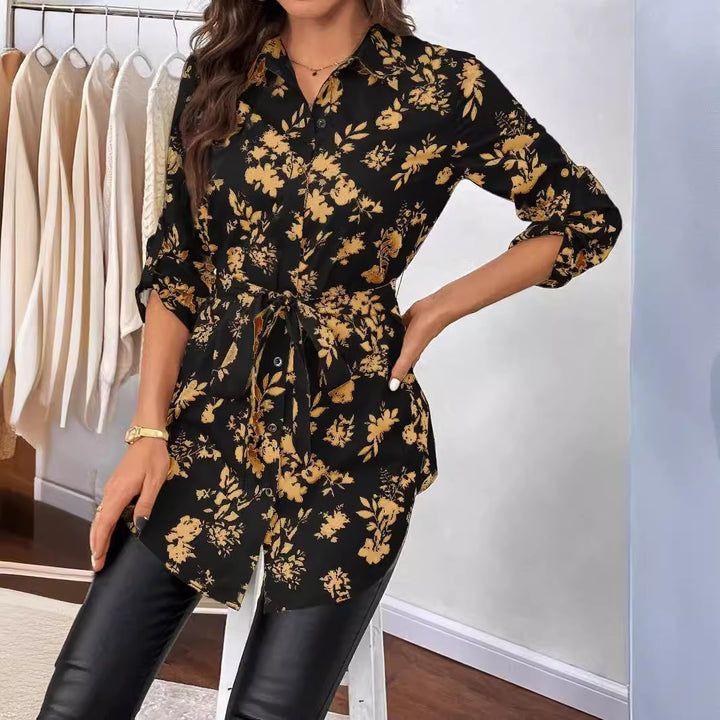 Damen nan lockere Hemdblusen-Tunika mit floralem Allover-Print, Bindegürtel und Krempelärmeln Echo Archiv