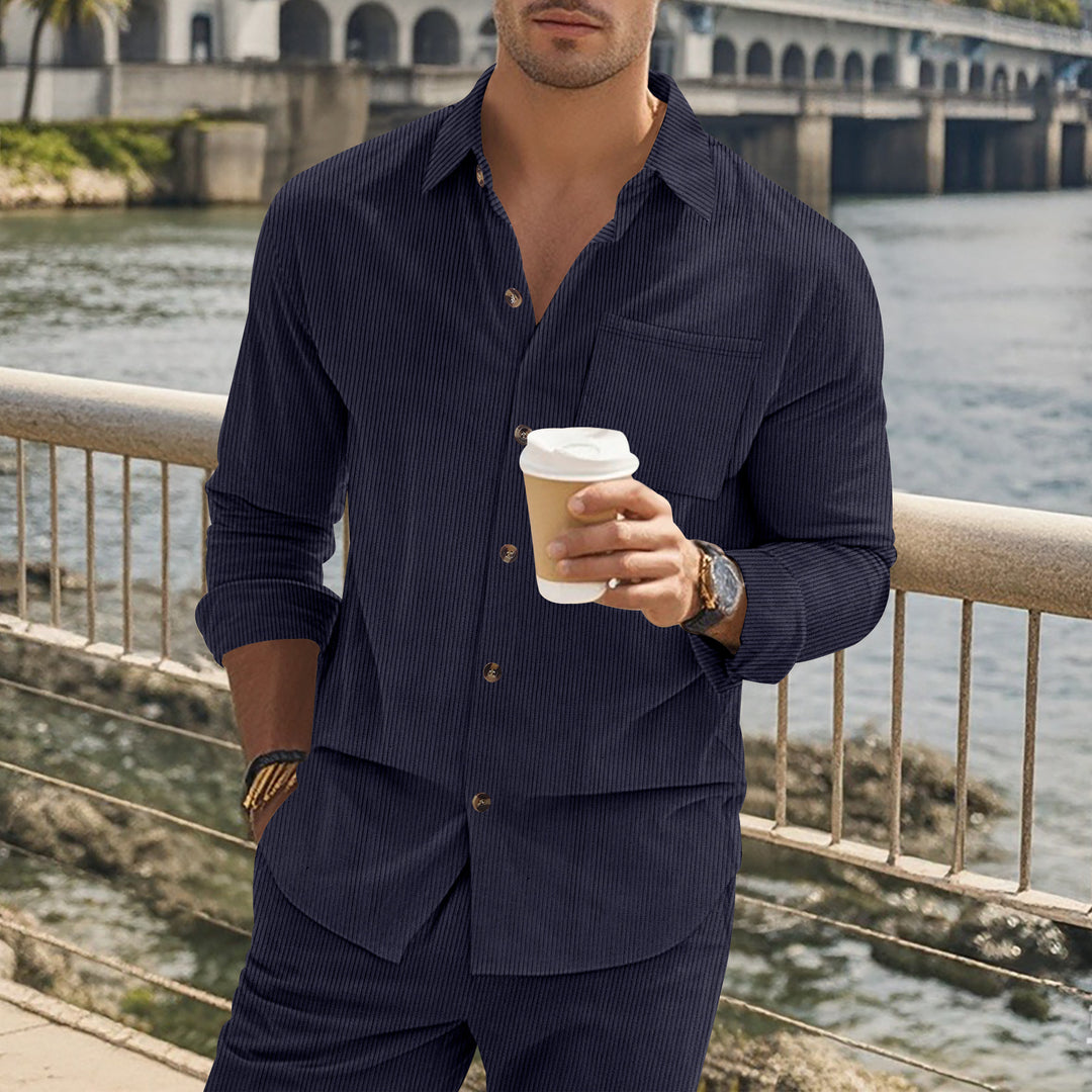 Herren gestreiftes Langarmshirt mit modischem Stehkragen und praktischer Brusttasche Echoarchiv