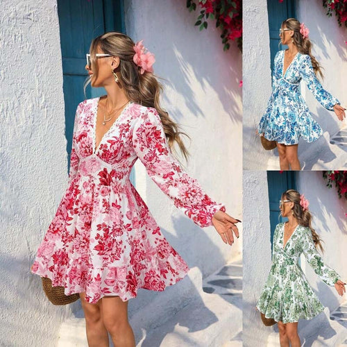 Damen Florales Wickelkleid mit V‑Ausschnitt, geraffter Empire‑Taille und Volantrock – Élara