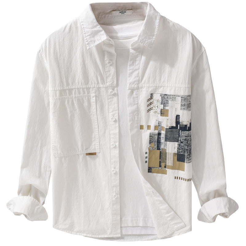 Herren Leichtes Baumwoll-Canvas-Overshirt mit abstraktem Frontprint und Doppelbrusttasche Echoarchiv