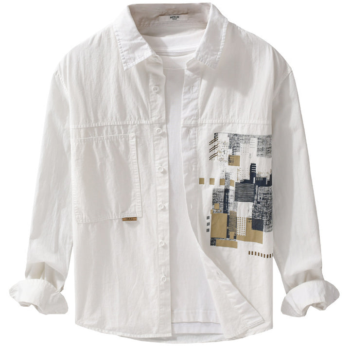 Herren Leichtes Baumwoll-Canvas-Overshirt mit abstraktem Frontprint und Doppelbrusttasche Echoarchiv