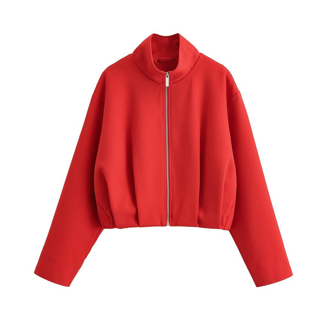 Damen Kurze Boxy-Jacke mit Stehkragen und sichtbarem Metallreißverschluss Echo Archiv