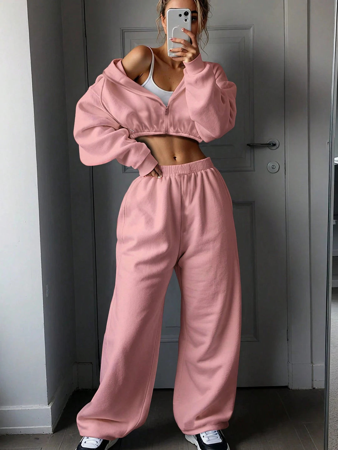 Damen nan kurzes Zip-Hoodie Cropped Sweatshirt mit Kordelzug, angesetzten Ballonärmeln und elastischem Saum Echo Archiv