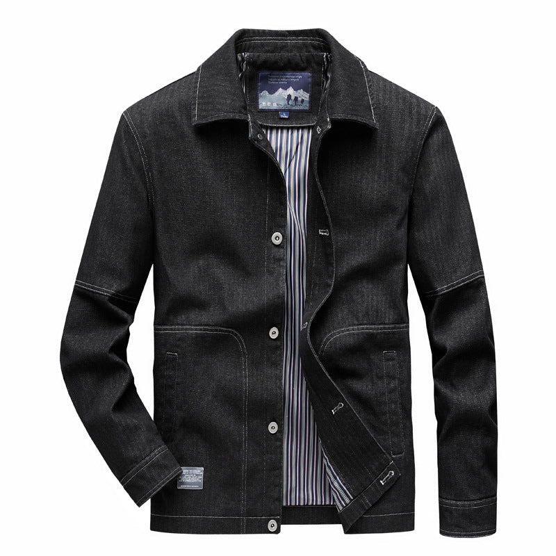 Herren Denim-Workerjacke mit geradem Schnitt, Kontrastnähten & gestreiftem Innenfutter Echoarchiv