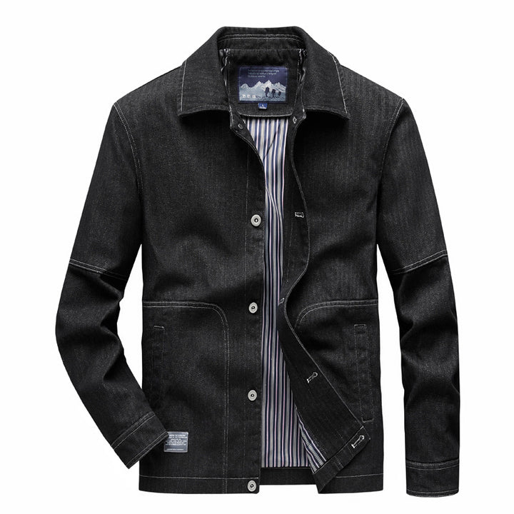 Herren Denim-Workerjacke mit geradem Schnitt, Kontrastnähten & gestreiftem Innenfutter Echoarchiv