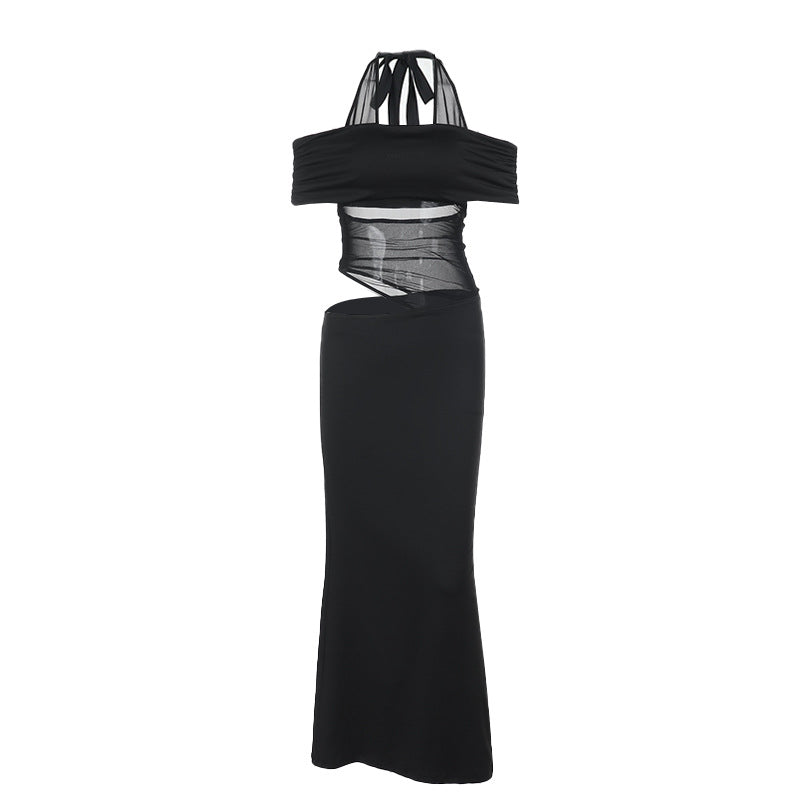 Damen schulterfreies, elegantes Maxikleid mit transparenten Einsätzen und Rüschendetails Echo Archiv