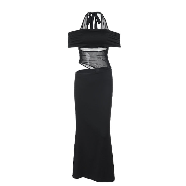 Damen schulterfreies, elegantes Maxikleid mit transparenten Einsätzen und Rüschendetails Echo Archiv
