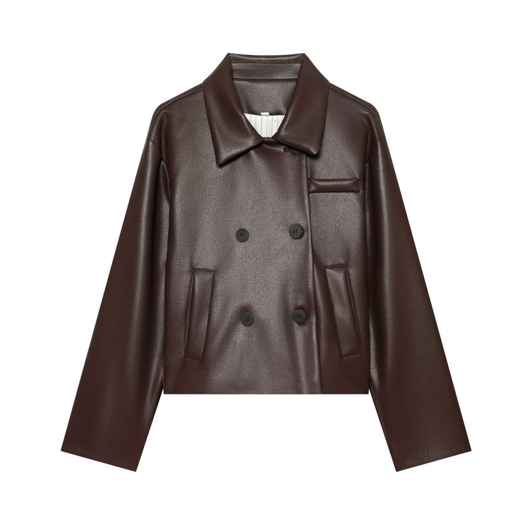 Damen Kurz geschnittene doppelreihige Kunstlederjacke mit weitem Hemdkragen Echo Archiv