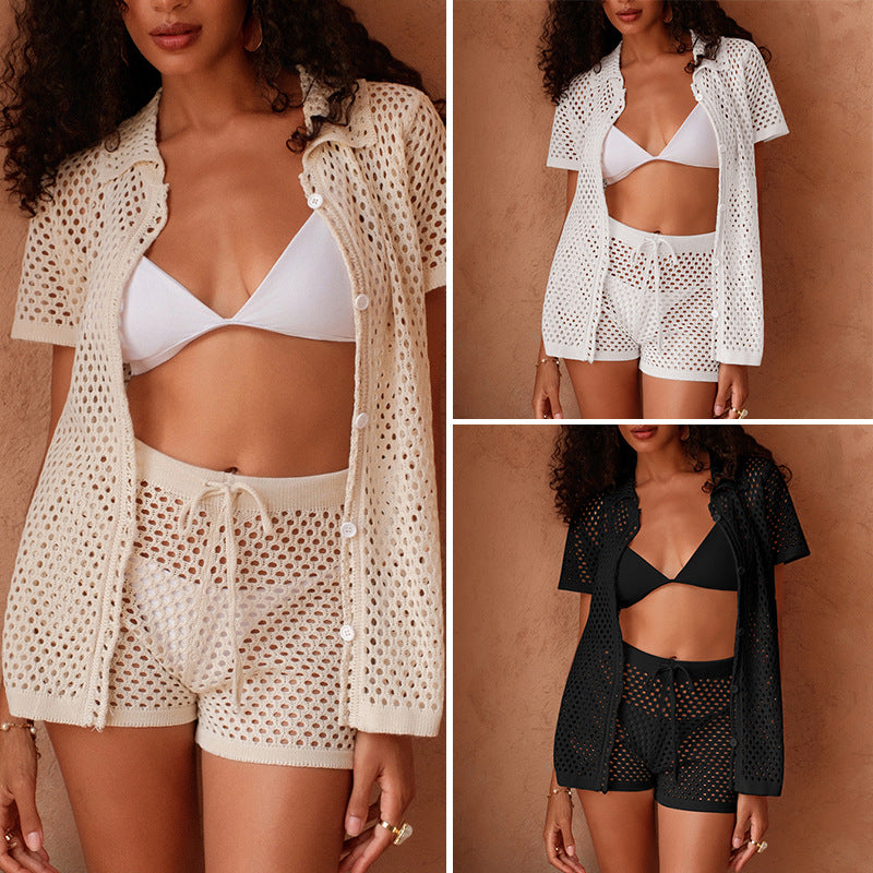 Damen luftiges Häkel-Set mit knöpfbarem Shirt und Shorts Echo Archiv