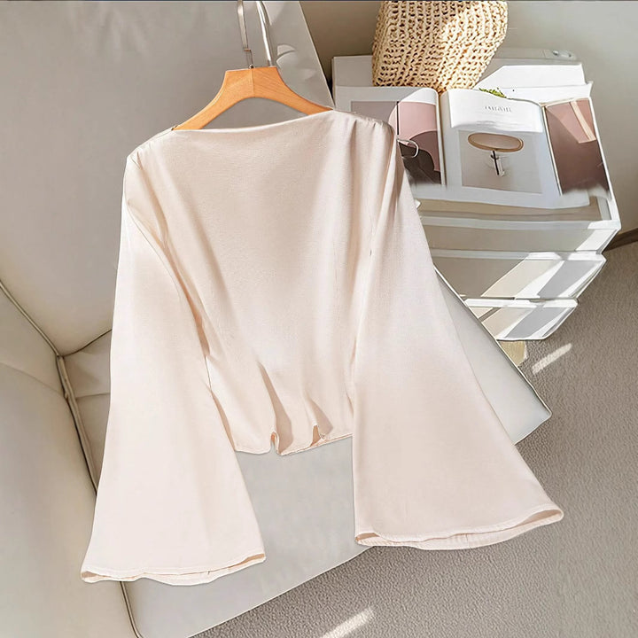 Damen Drapiertes Satin-Top mit Wasserfallkragen & Volantsärmeln – Avérine