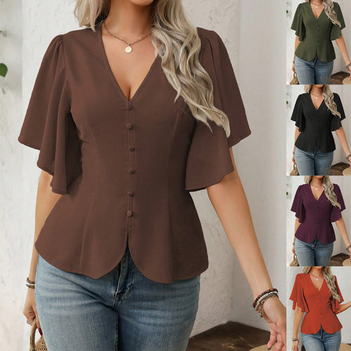 Damen V-Ausschnitt taillierte Bluse mit Schößchen und Volantärmeln – Élovi