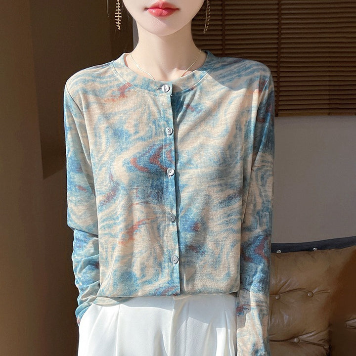 Damen Leichter Aquarell‑Print Feinstrick‑Cardigan mit Rundhalsausschnitt und Knopfleiste Echoarchiv