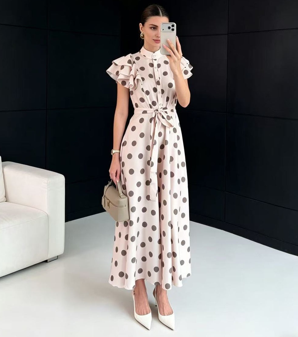 Damen Gepunktetes Maxikleid mit Stehkragen, Volantärmeln und Bindegürtel – Valéora