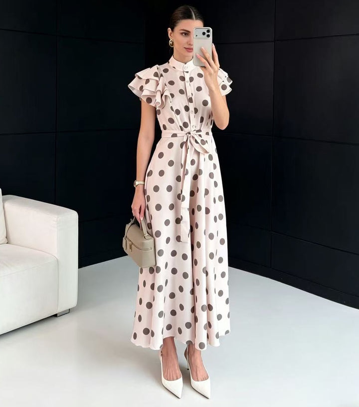 Damen Gepunktetes Maxikleid mit Stehkragen, Volantärmeln und Bindegürtel – Valéora