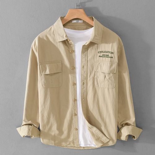 Herren Militärisch inspiriertes Overshirt mit Doppel-Brusttaschen und dezenter Stickerei Echoarchiv