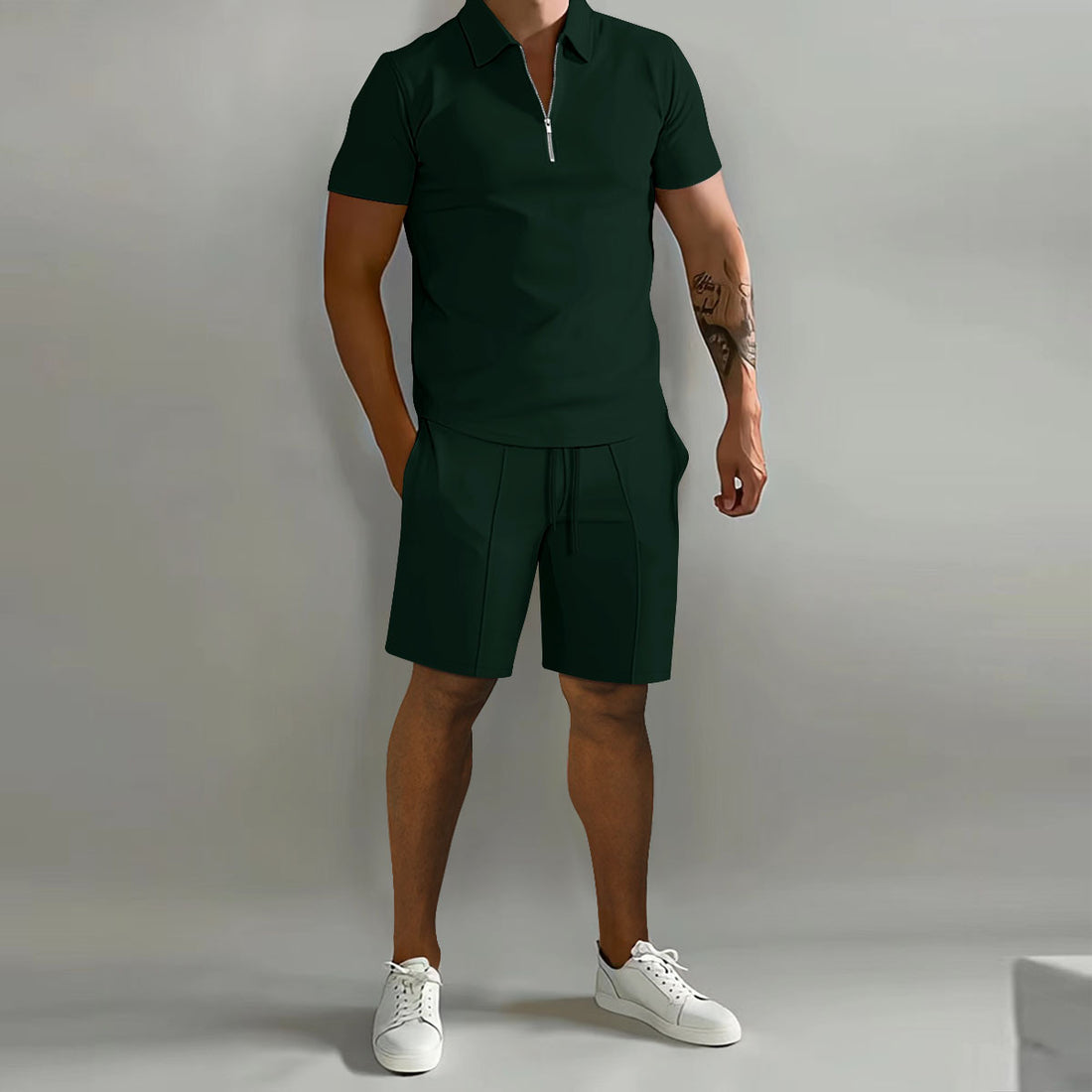 Herren sportliches Kurzarm-Poloshirt mit Reißverschluss und passenden Shorts – Cavello