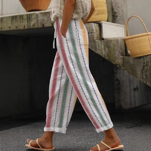 Damen Weite Leinenhose mit Streifenmuster Echo Archiv