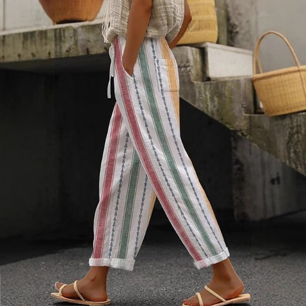 Damen Weite Leinenhose mit handgewebtem Muster Echoarchiv