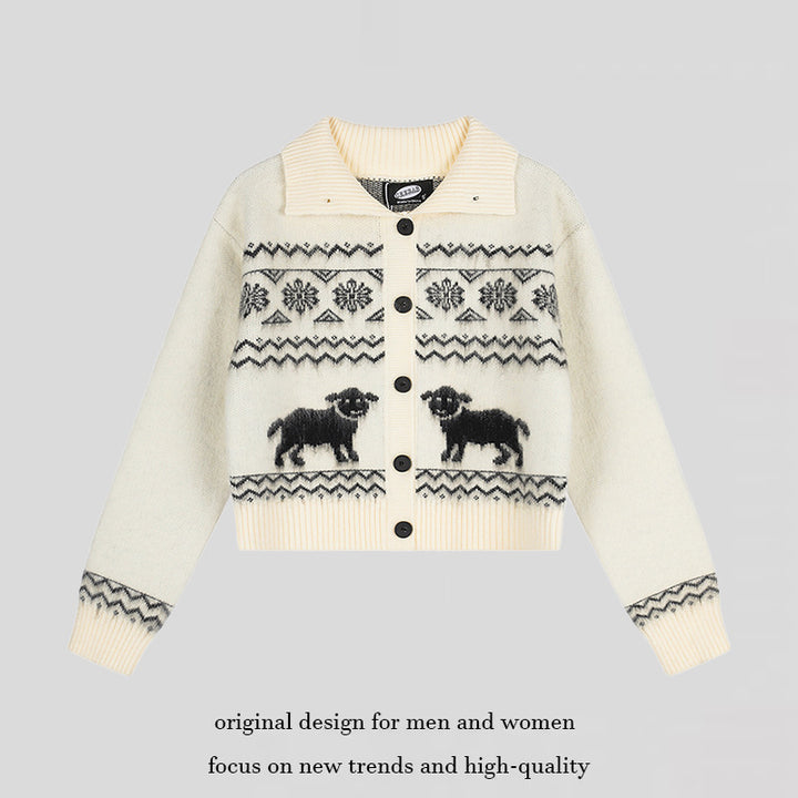 Damen Kurzgeschnittene Strickjacke im Norweger-Jacquard mit Reverskragen und Knopfverschluss Echoarchiv
