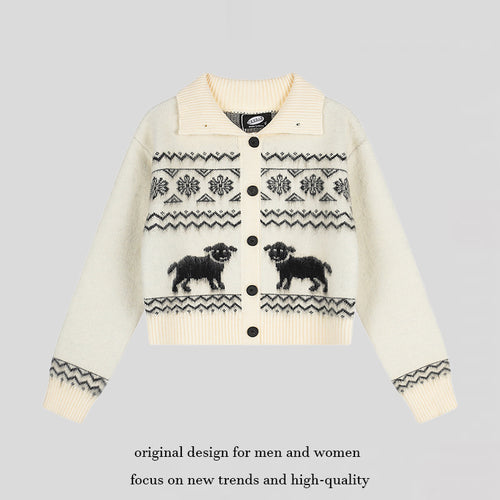 Damen Kurzgeschnittene Strickjacke im Norweger-Jacquard mit Reverskragen und Knopfverschluss Echoarchiv