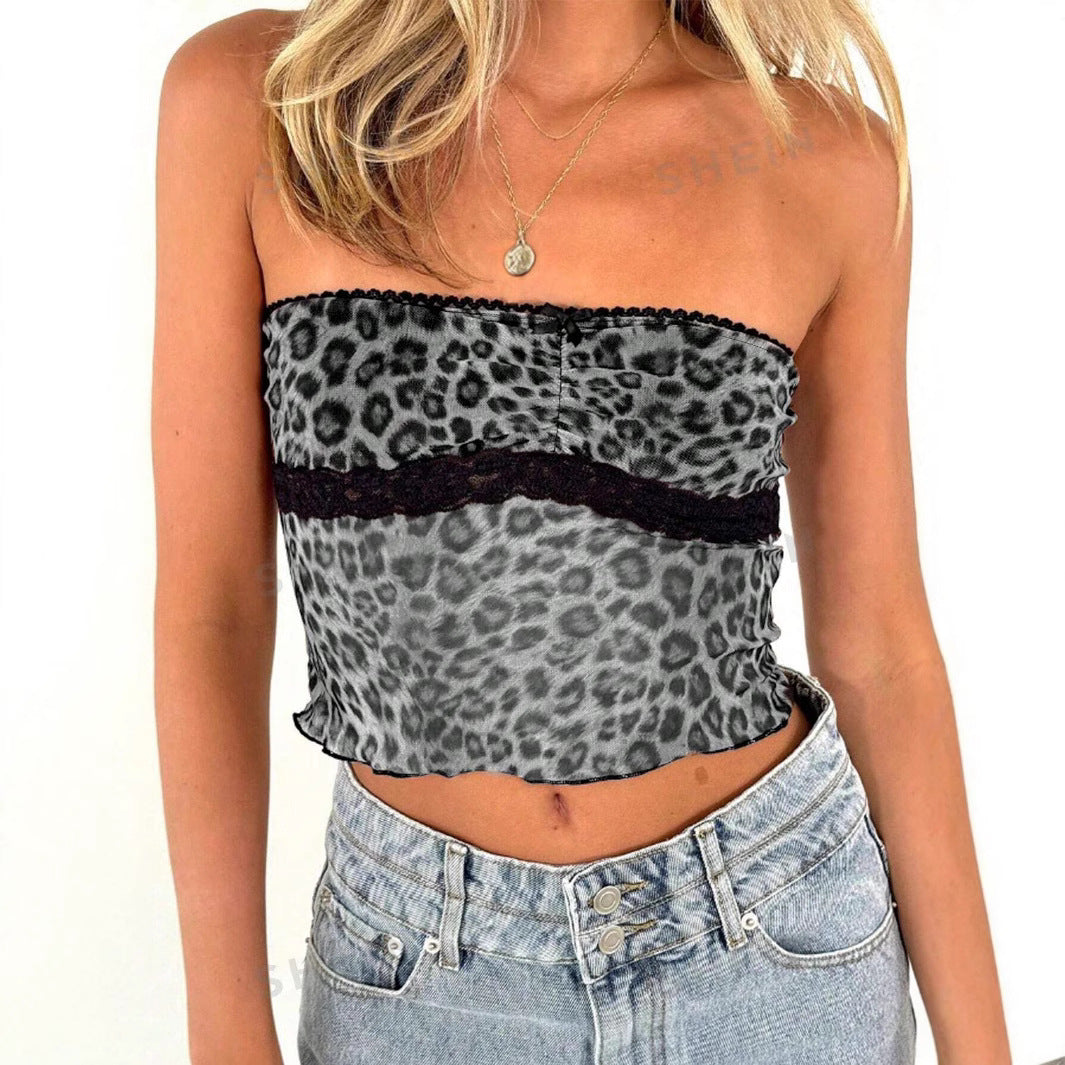 Damen Bandeau-Top mit trendigem Leopardenmuster und zarter Spitzenkante Echo Archiv