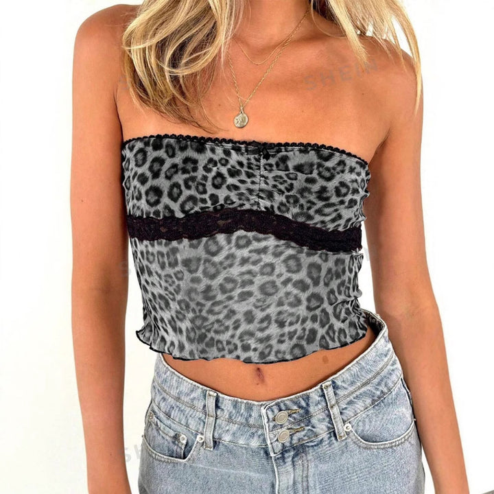 Damen Bandeau-Top mit trendigem Leopardenmuster und zarter Spitzenkante Echo Archiv