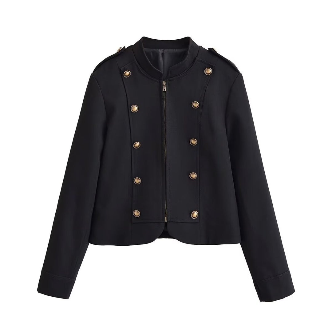 Damen Kurze Militärjacke mit Stehkragen und doppelter Zierknopfleiste Echoarchiv